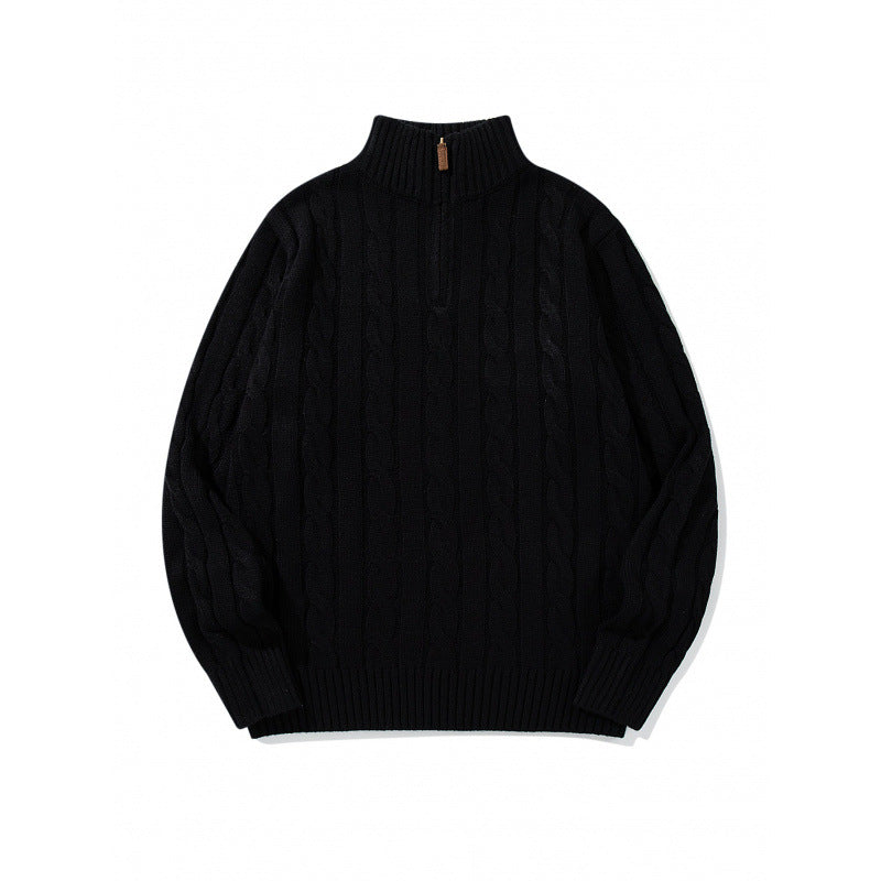 Unisex Coarse Knitted Half-Zip Cable Pattern Sweater with Stand-Up Collar and Ribbed Edges Mune Fashion
