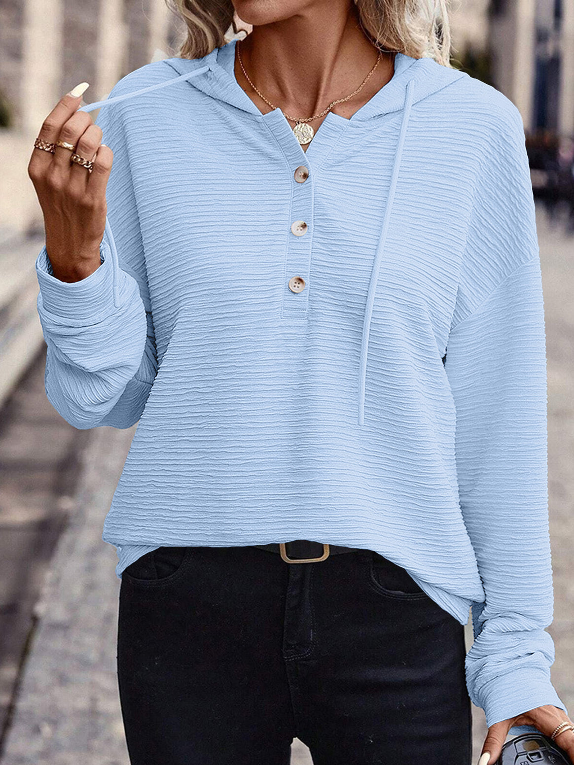 Ladies Textured Hooded Henley Sweater with Button Placket Mune Fashion
