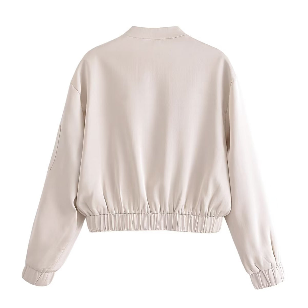 Women's Short Bomber Jacket in Boxy Cropped Cut with Zipper and Arm Pocket Mune Fashion