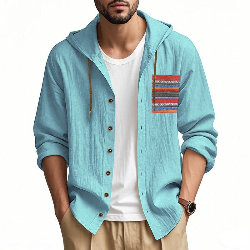 Men's lightweight hooded shirt jacket made of structured cotton blend with ethnic chest pocket and button placket Mune Fashion
