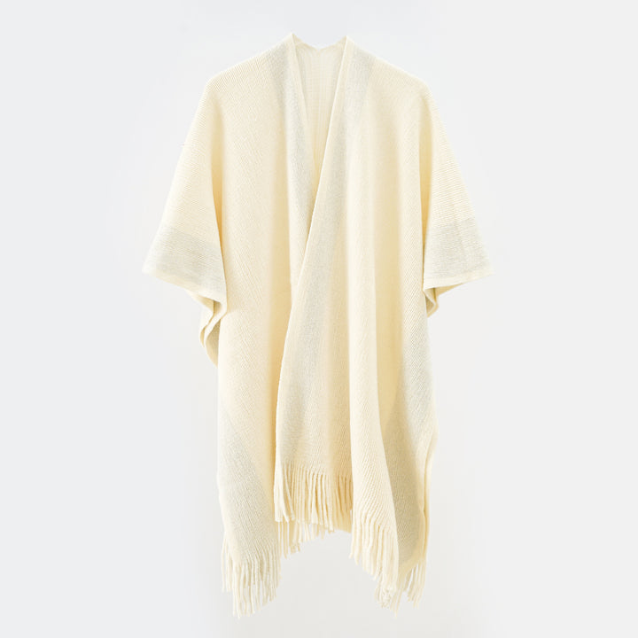 Women Oversize Knit Cape with Fringes and Contrasting Border Mune Fashion
