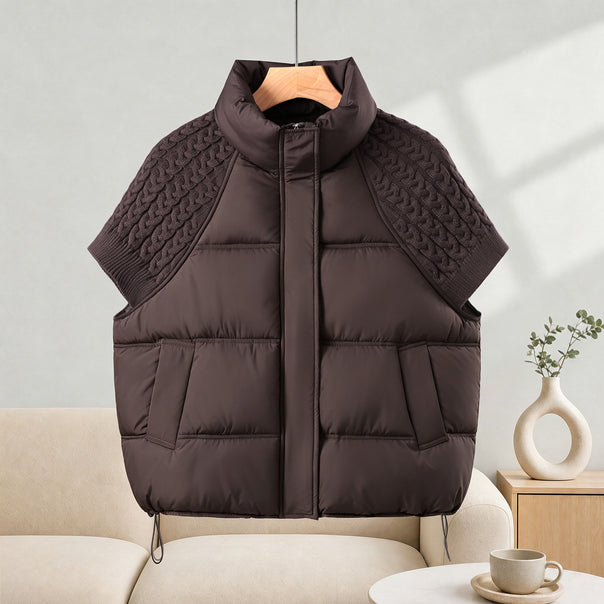 Women's quilted short vest with voluminous stand-up collar and short cable knit sleeves Mune Fashion