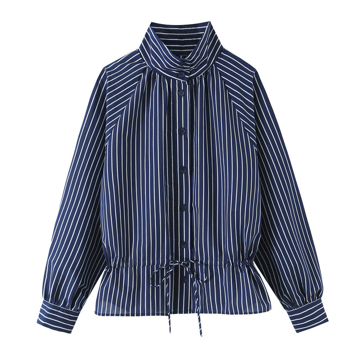 Women Striped Blouse with Stand Collar, Full Button Placket and Drawstring Waistband Mune Fashion