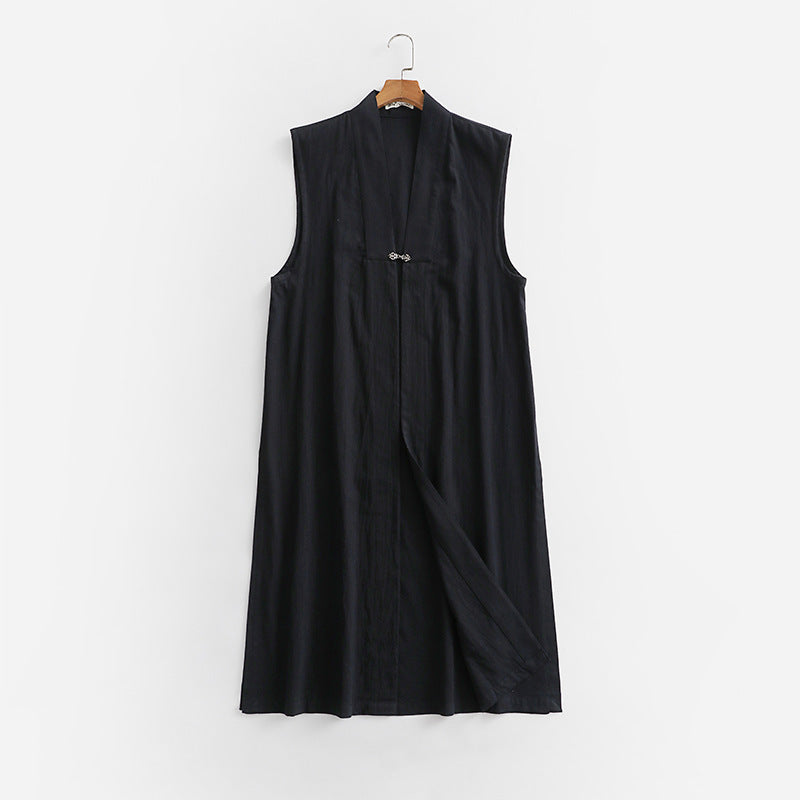 Women's Long Sleeveless Kimono Vest made of Linen Blend with Narrow Shawl Collar and Decorative Toggle Closure Mune Fashion