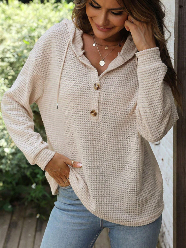 Women's Waffle Knit Hoodie with Button Placket and Ruffle Collar Mune Fashion