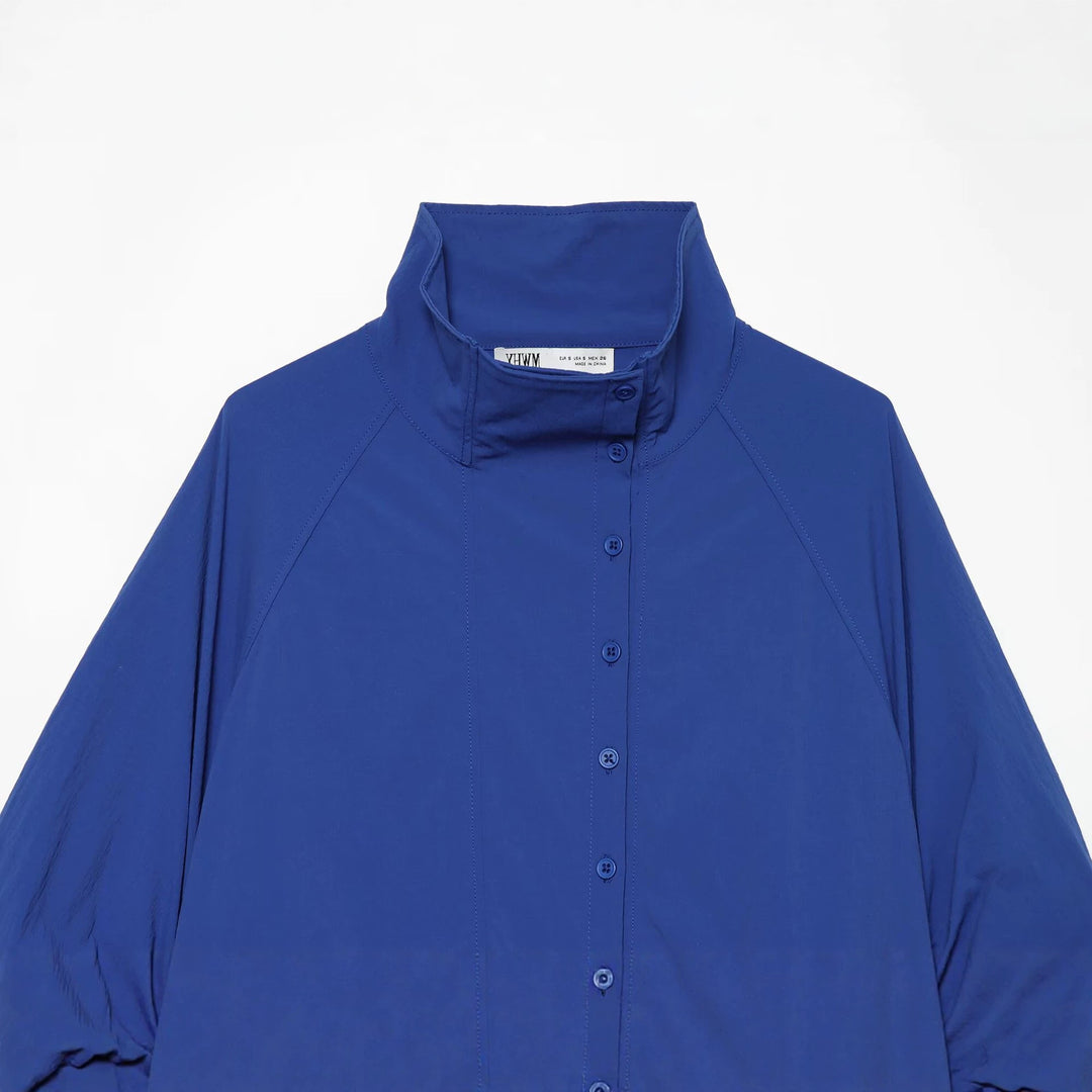Women's short jacket with stand-up collar, gathered balloon sleeves, and drawstring hem Drune