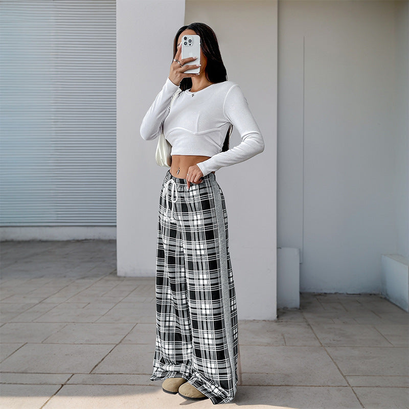 Women's Wide Lounge Pants in Checked Pattern with Elastic Waistband and Contrast Side Panel Mune Fashion