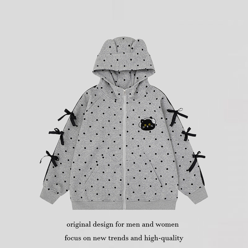 Women's hooded sweatshirt jacket with polka dot all-over, cat patch, bow sleeves and ear hood Mune Fashion