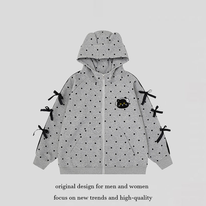 Women's hooded sweatshirt jacket with polka dot all-over, cat patch, bow sleeves and ear hood Mune Fashion
