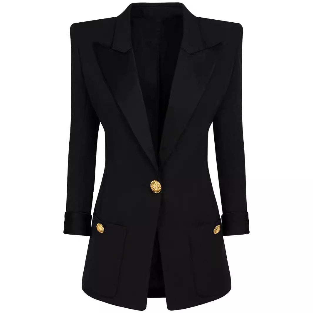Women's Tailored Tuxedo Blazer with Satin Shawl Collar and Decorative Medallion Buttons Mune Fashion