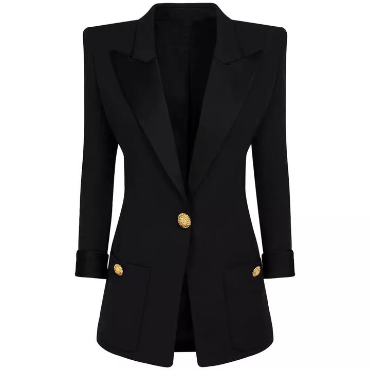 Women's Tailored Tuxedo Blazer with Satin Shawl Collar and Decorative Medallion Buttons Mune Fashion