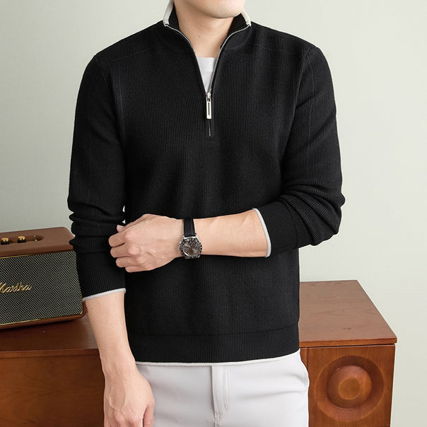 Men's Half-Zip Knit Sweater with Textured Knit and Contrasting Stand Collar Mune Fashion