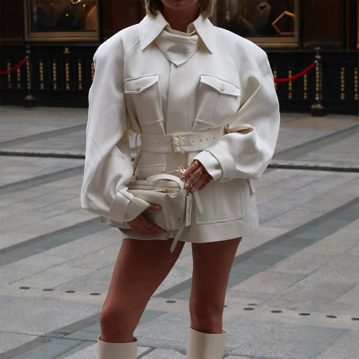 Women’s Short Blouse Dress with Waist Belt and Flap Pockets Mune Fashion