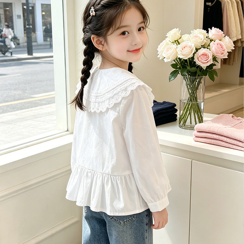 Girl's elegant blouse with lace hem and ruffle details Mune Fashion