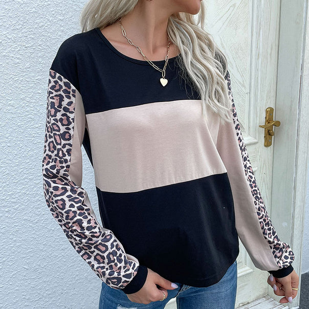 Women's Colorblock Sweatshirt with Leopard Sleeves and Round Neckline Mune Fashion