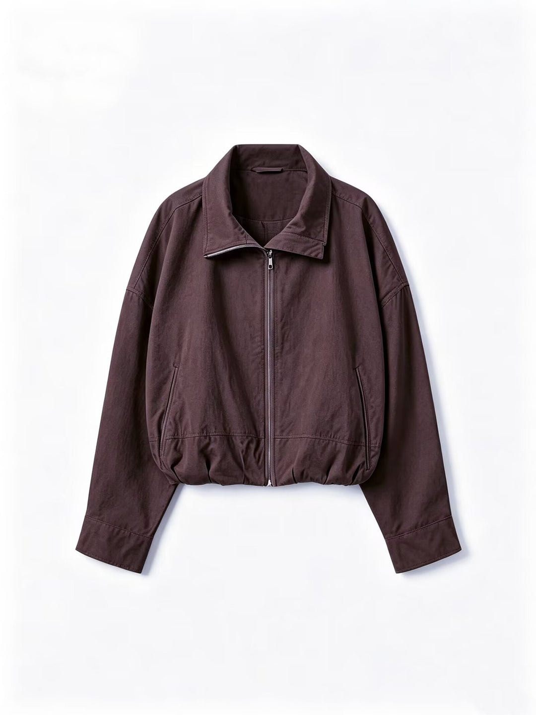 Women's Lightweight Short Bomber Jacket with Stand-up Collar, Drawstring Waist and Concealed Zipper Mune Fashion