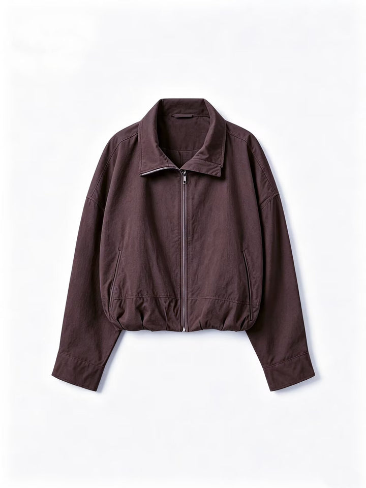 Women's Lightweight Short Bomber Jacket with Stand-up Collar, Drawstring Waist and Concealed Zipper Mune Fashion