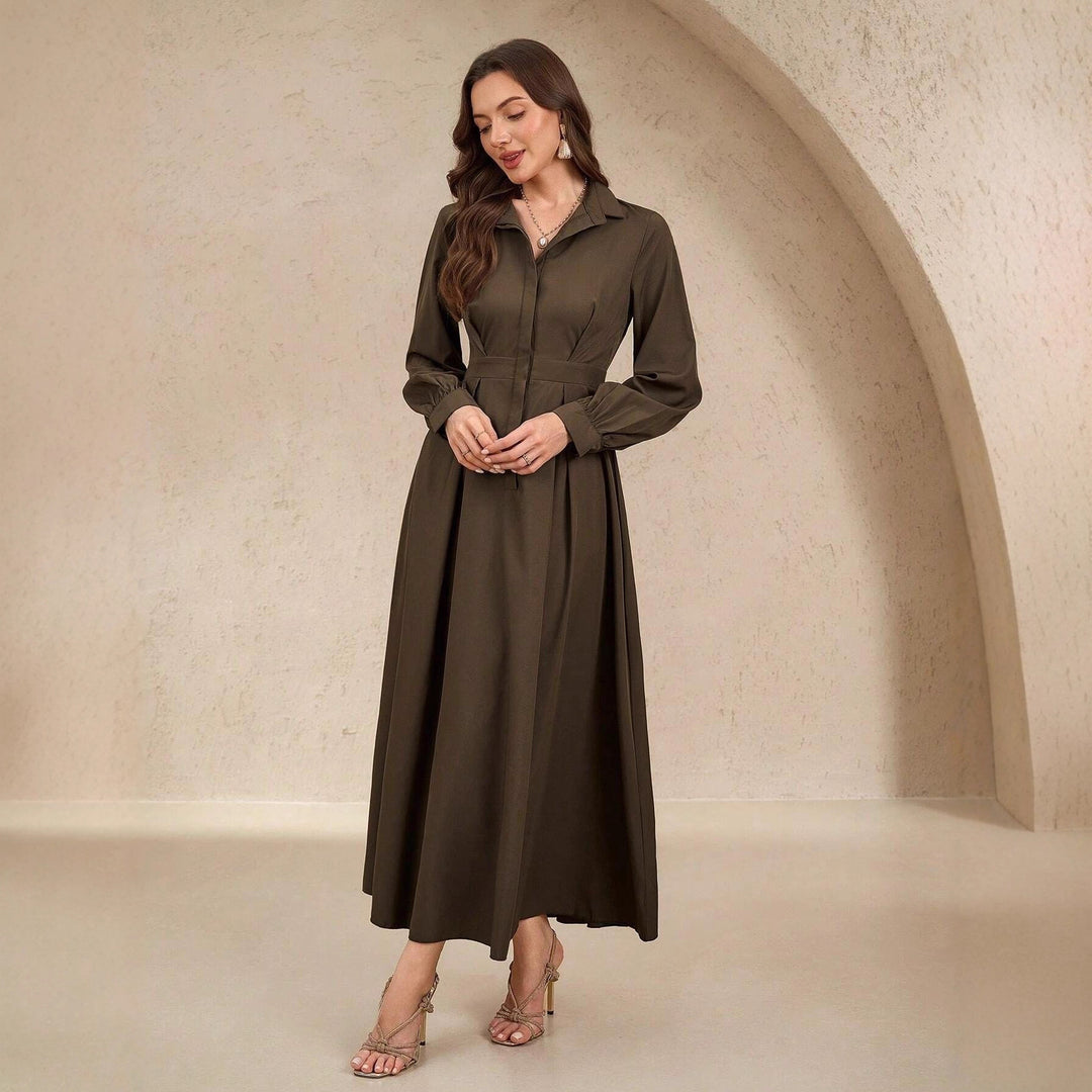 Ladies long shirt dress with waist belt, concealed button placket and balloon sleeves Mune Fashion