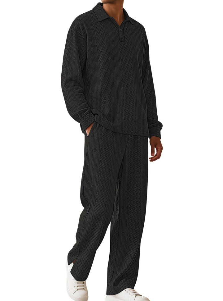 Men's jacquard knit set with polo collar, relaxed fit and straight pants Mune Fashion