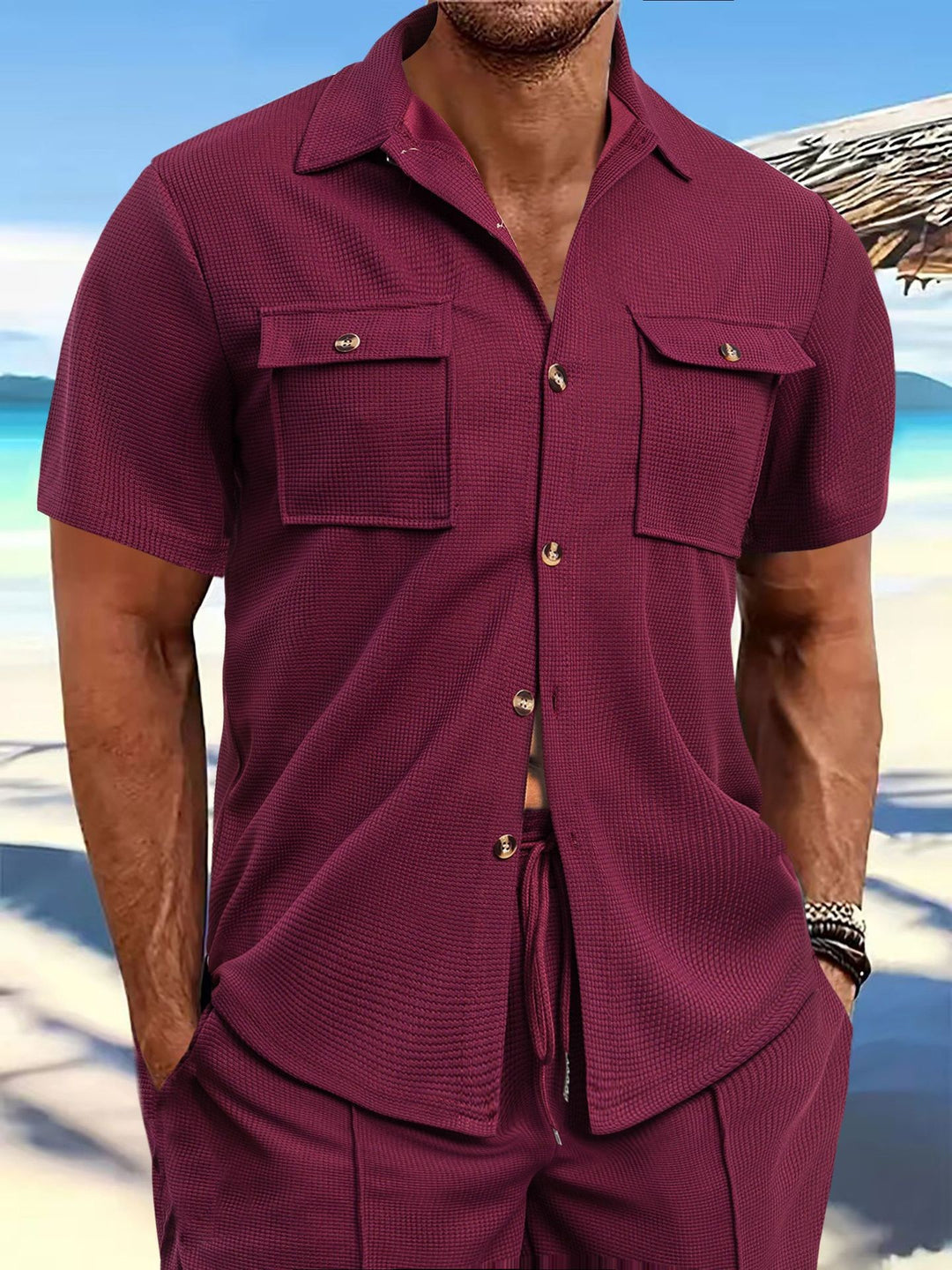 Men's structured waffle lounge set with shirt jacket, chest pockets and corded pants Mune Fashion
