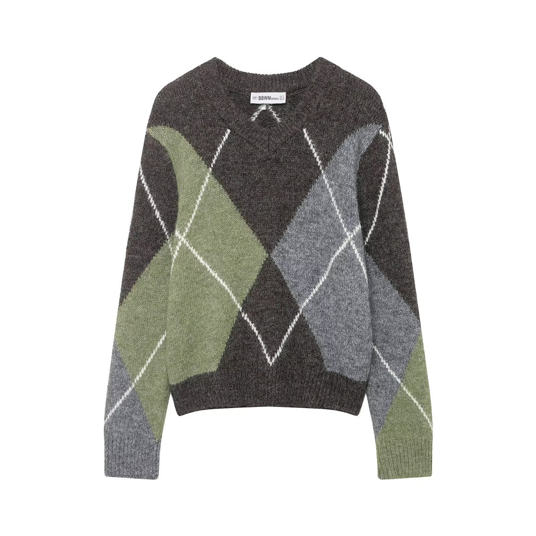 Women Oversized Diamond Knit Sweater with Mohair Effect Mune Fashion
