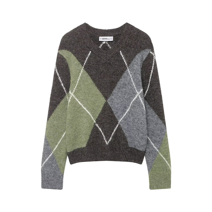 Women Oversized Diamond Knit Sweater with Mohair Effect Mune Fashion