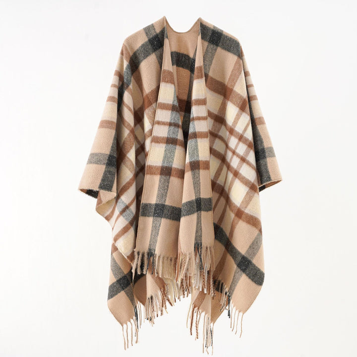 Women Oversize checked wool poncho with fringes Mune Fashion