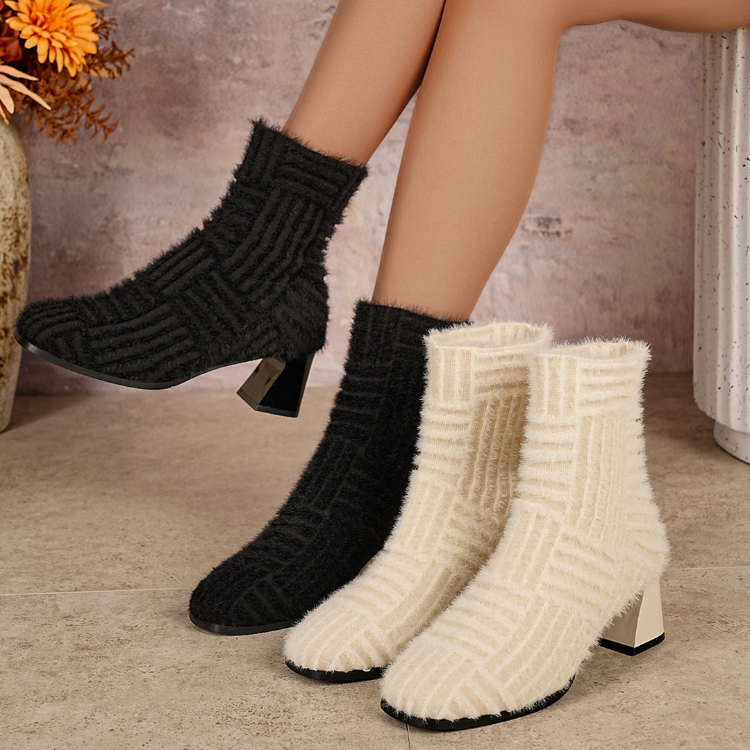 Women's Knitted Sock Boots with Fluffy Texture, Geometric Rib Pattern and Sculpted Block Heel Mune Fashion