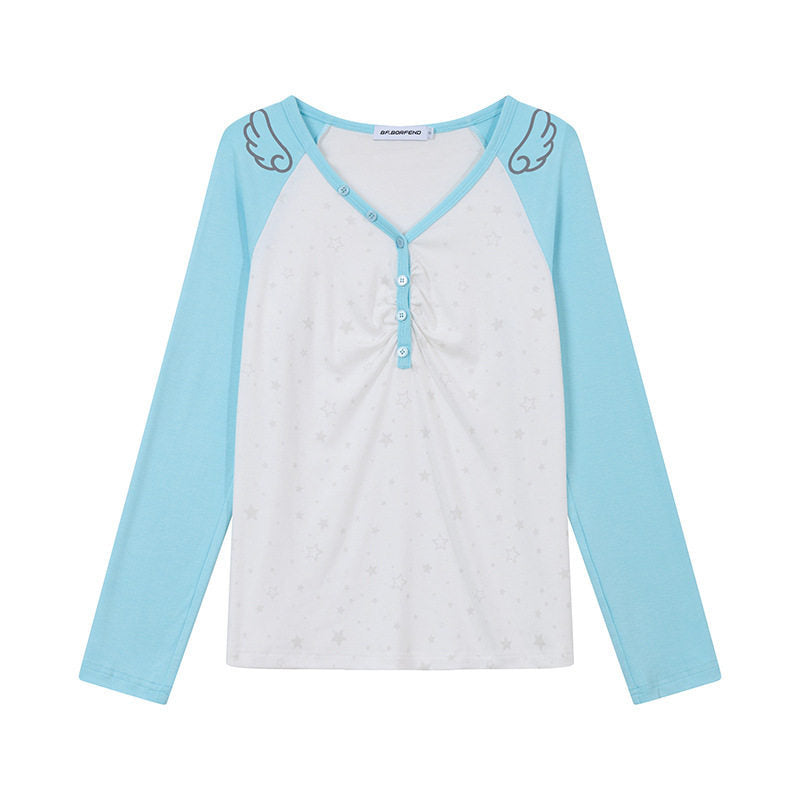Women's Long Sleeve Henley Shirt with Raglan Sleeves, Gathered and Star Print Mune Fashion