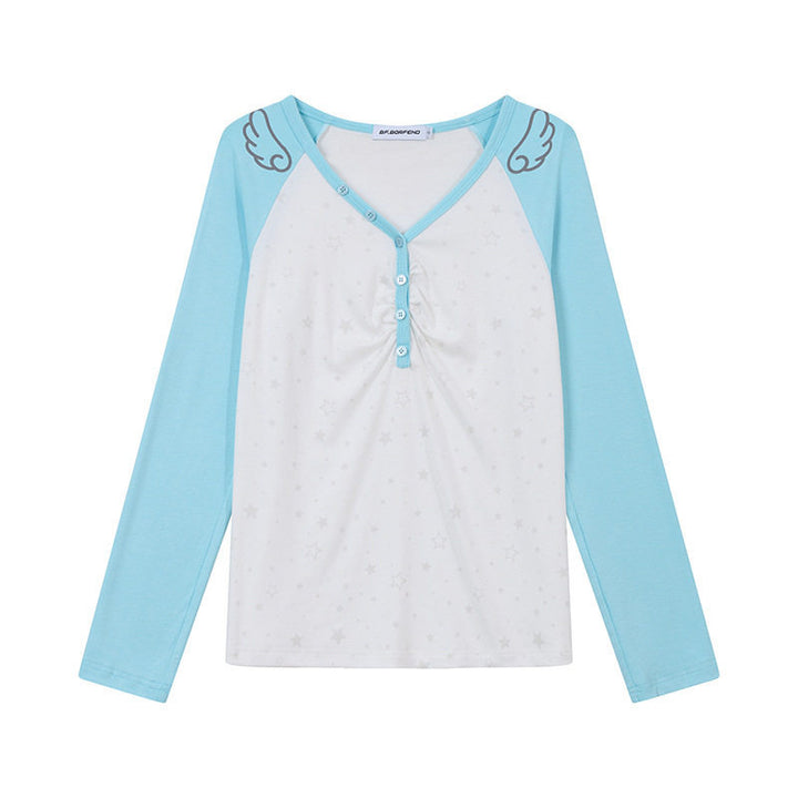 Women's Long Sleeve Henley Shirt with Raglan Sleeves, Gathered and Star Print Mune Fashion