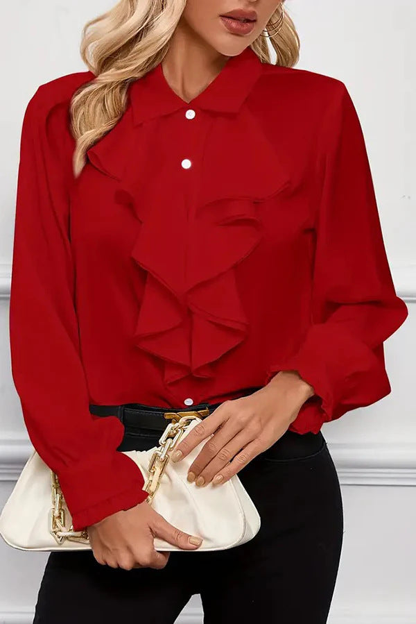 Women Elegant Ruffled Blouse with Flounces, Shirt Collar and Cuffs Drune