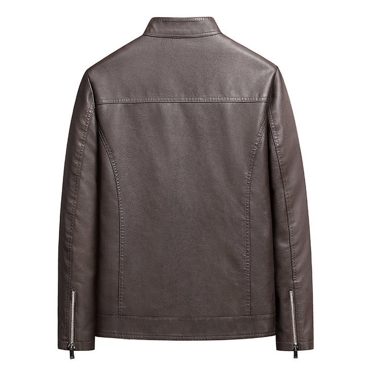 Men's Simple Faux Leather City Jacket with Stand Collar, Two-Way Zipper & Side Pockets Mune Fashion