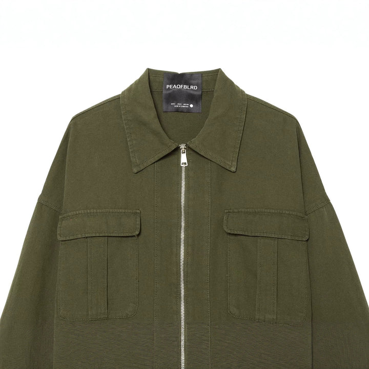 Women Short-Cut Utility Blouson Jacket with Stand-Up Collar Flap Pockets and Continuous Zipper Drune