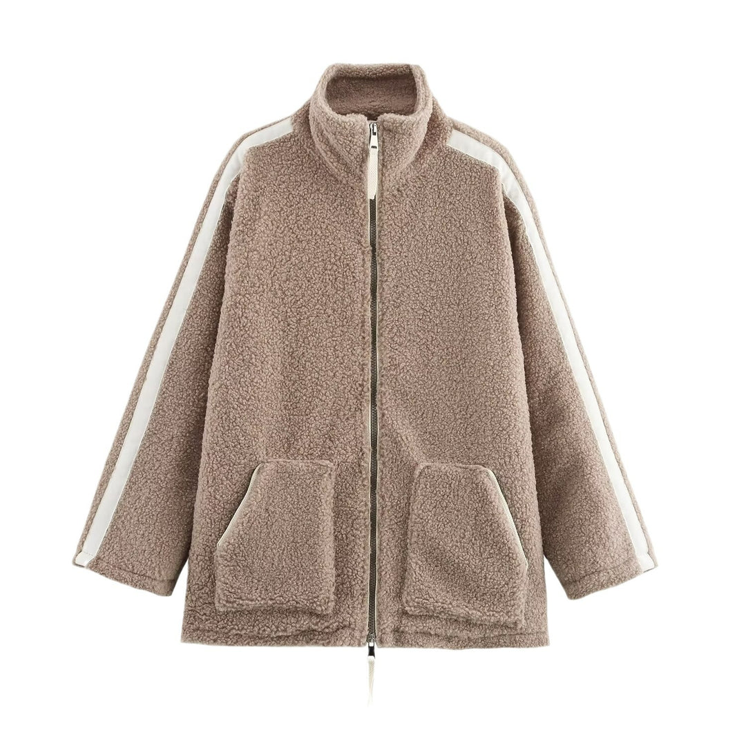 Women Teddy Fleece Jacket with Stand-Up Collar, Zipper and Contrast Stripes Mune Fashion