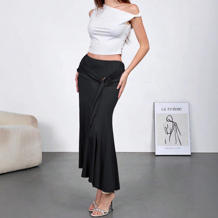 Women's flowing wrap tiered skirt with asymmetric hem and tying ring Mune Fashion