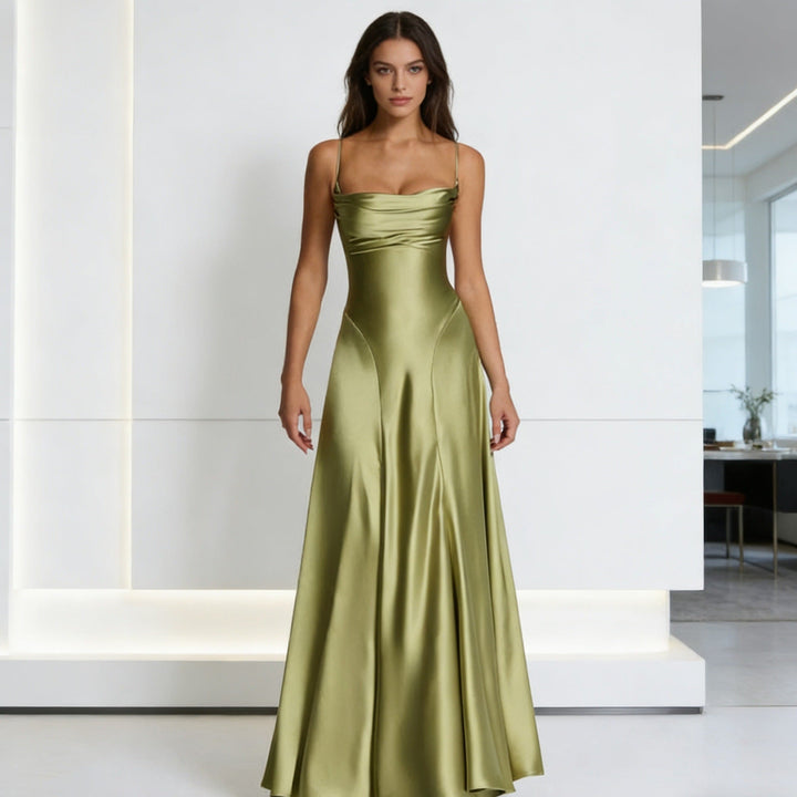 Ladies Elegant Satin Evening Dress with Fitted Cut and Slim Straps Mune Fashion