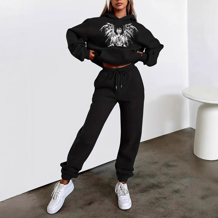 Women's two-piece lounge set hooded sweatshirt cropped and high-waist jogging pants with angel motif and elastic waistband Mune Fashion