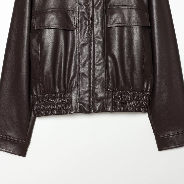 Women's Cropped Bomber Jacket made of Faux Leather with Shirt Collar and Gathered Hem