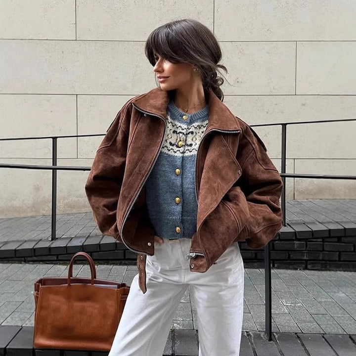 Women's oversized velour biker jacket with stand-up collar, shoulder flaps, and adjustable hip belt Mune Fashion
