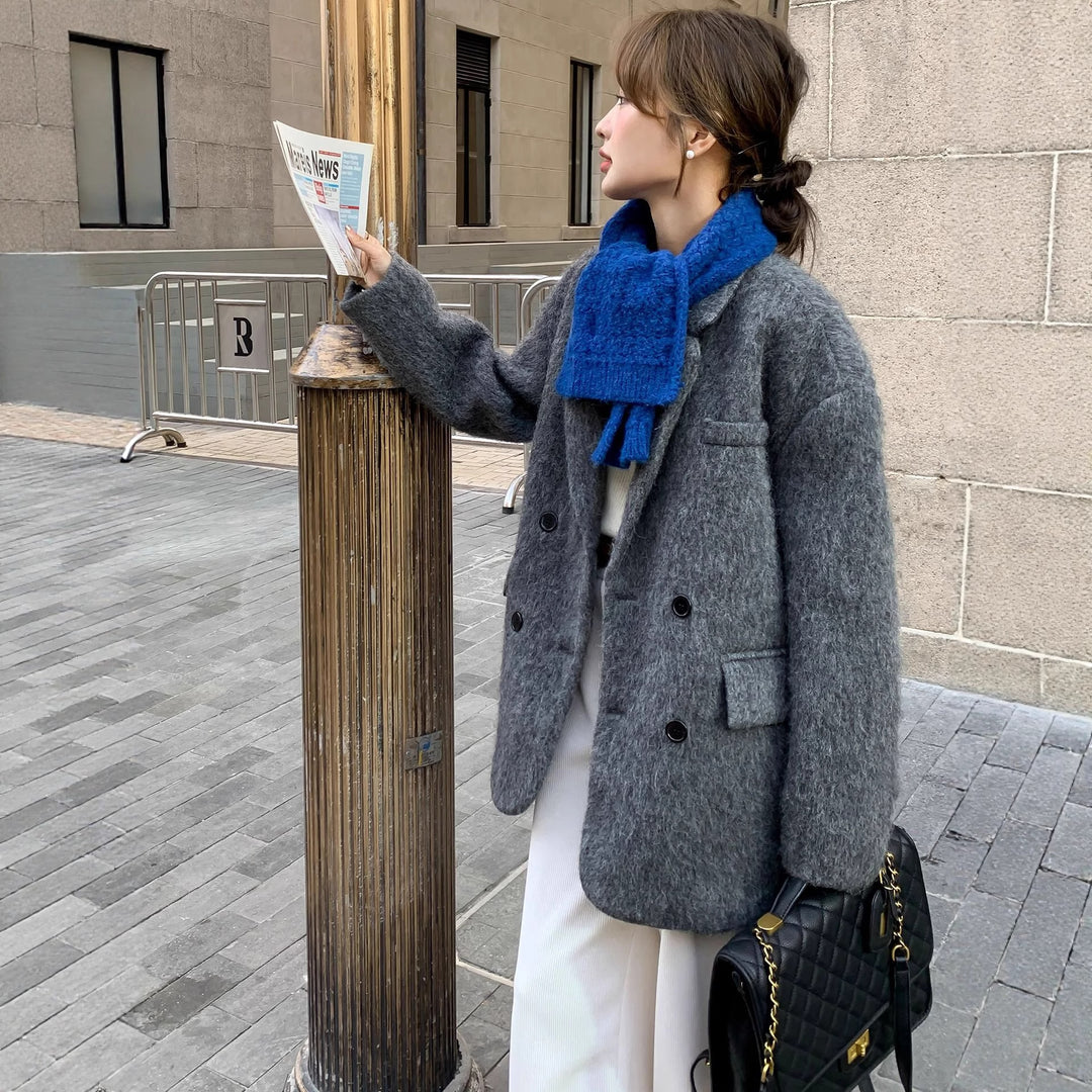 Women Chunky Knit Wool Blend Long Coat with Oversized Silhouette and Double-Breasted Button Placket Mune Fashion