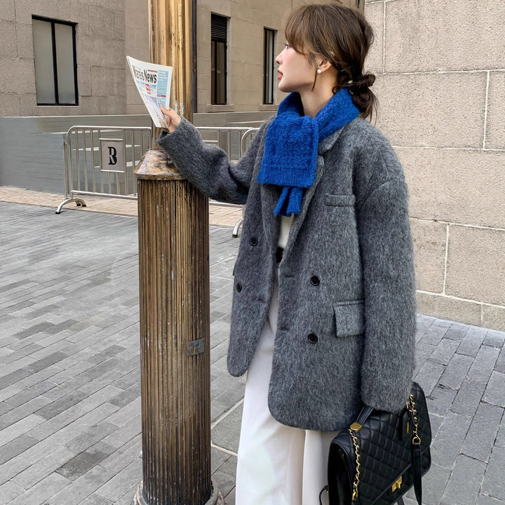 Women Chunky Knit Wool Blend Long Coat with Oversized Silhouette and Double-Breasted Button Placket Mune Fashion