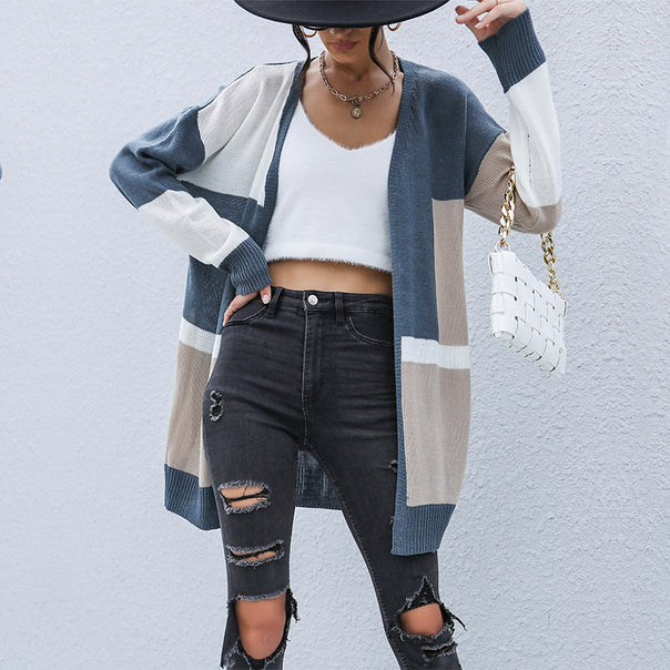 Ladies Oversize Long Cardigan with Color Block Design, Open Front and Ribbed Cuffs Mune Fashion