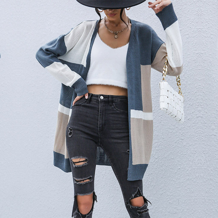 Ladies Oversize Long Cardigan with Color Block Design, Open Front and Ribbed Cuffs Mune Fashion