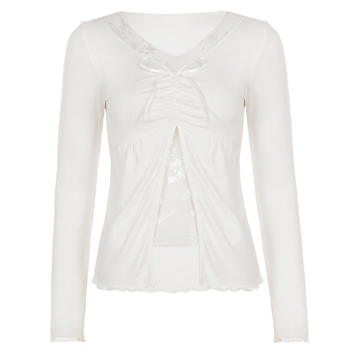Women Long Sleeve Nursing Top with Front Opening, Gathering and Floral Lace Insert Mune Fashion