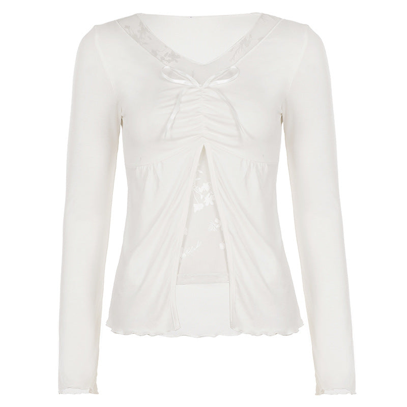 Women Long Sleeve Nursing Top with Front Opening, Gathering and Floral Lace Insert Mune Fashion