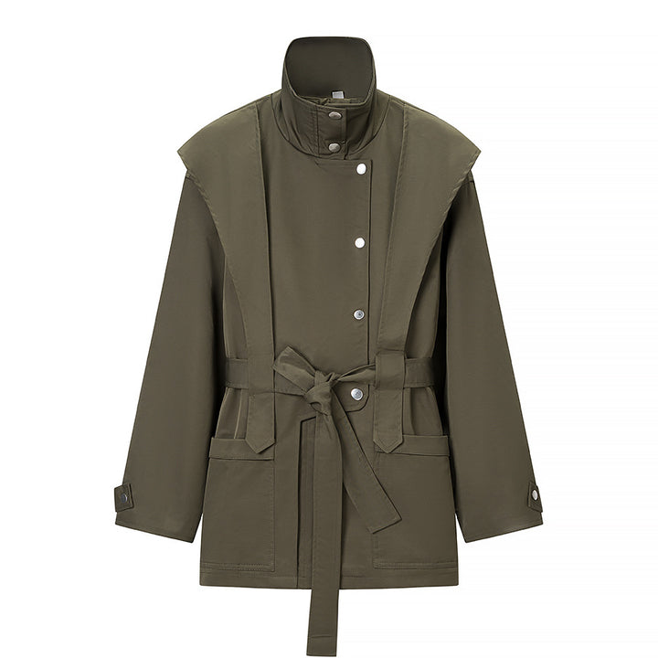 Women's Tailored Transition Jacket with Stand Collar, Shoulder Cape and Belt Mune Fashion