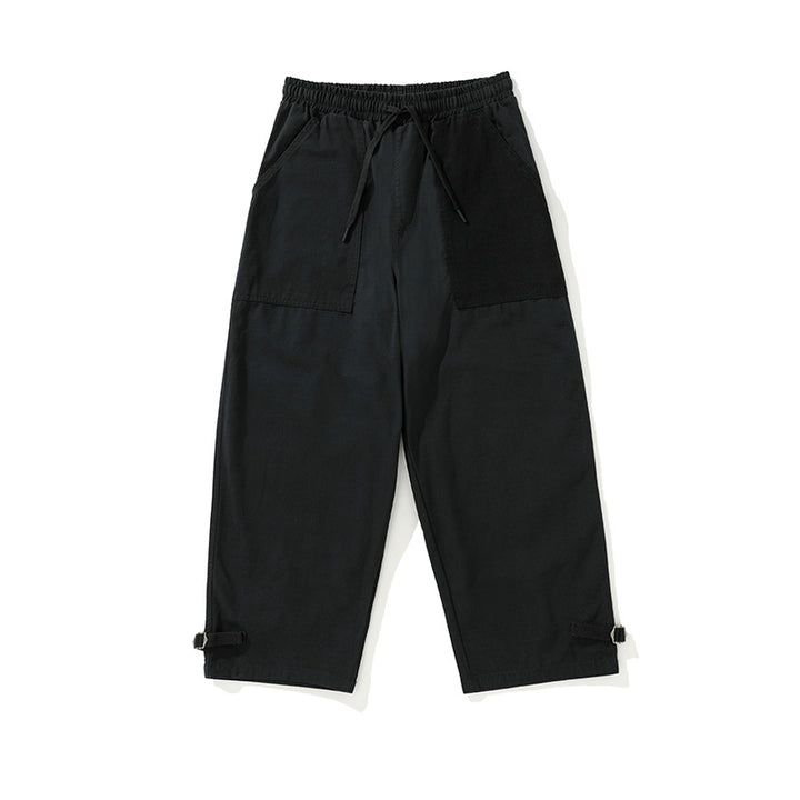 Men's wide cropped cargo pants with elastic drawstring waistband, patch pockets and adjustable ankle straps Mune Fashion