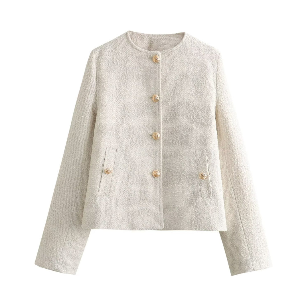Women's Boxy Boucle Jacket with Round Neckline, Decorative Button Placket and Flap Pockets Mune Fashion