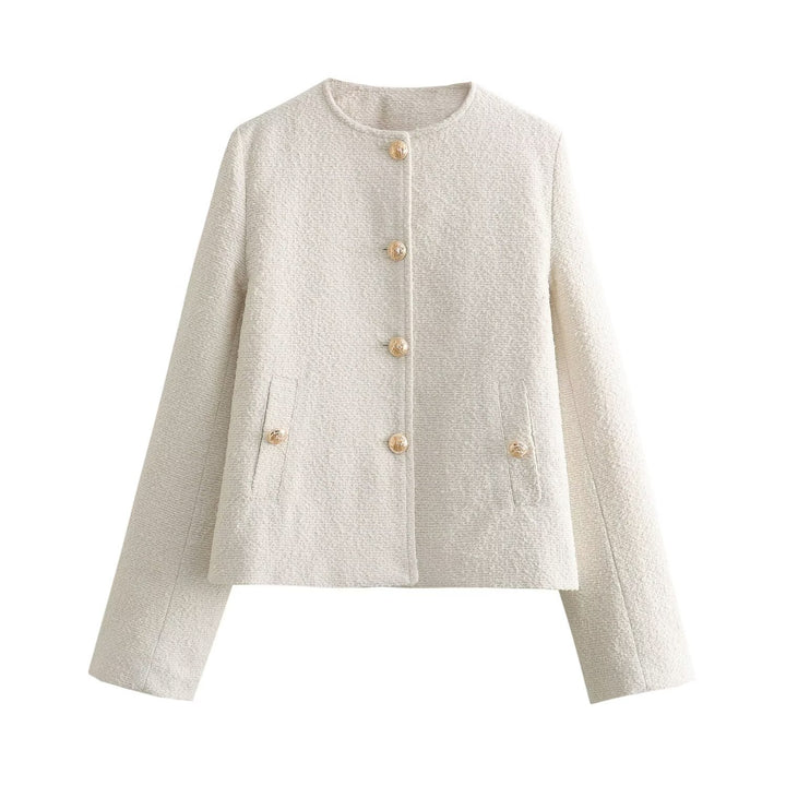 Women's Boxy Boucle Jacket with Round Neckline, Decorative Button Placket and Flap Pockets Mune Fashion