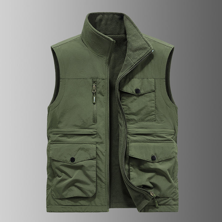 Men's padded utility vest with fleece lining, multi pockets and front zipper